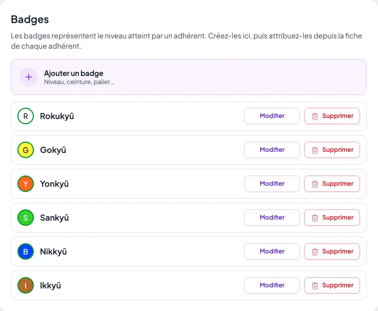 Catalogue des grades d'un club d'aïkido, du Rokukyū à l'Ikkyū, chacun avec sa couleur et son abréviation