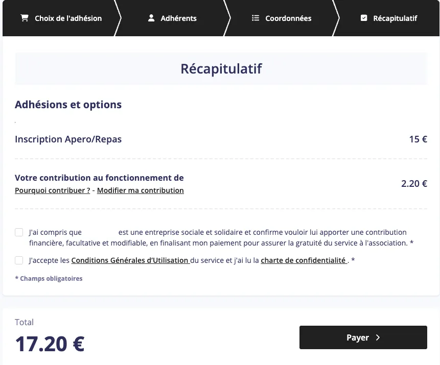 Récapitulatif de paiement HelloAsso : contribution de 2,20 € pré-remplie sur une inscription de 15 €, avec case de consentement obligatoire