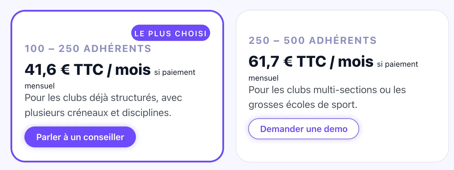 Grille tarifaire de MonClub avec paliers de prix