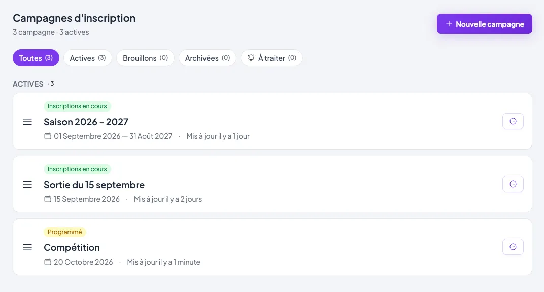 Liste des campagnes d'inscription d'un club sportif dans Intraclub : saison 2026-2027, sortie et compétition