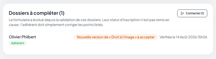 Filtre Dossiers à compléter avec bouton Contacter pour relancer les adhérents concernés