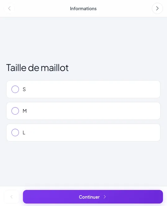 Formulaire d'inscription en ligne affichant une seule question à la fois sur mobile