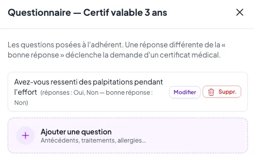 Création d'un questionnaire de santé personnalisé dans Intraclub : une question, ses réponses possibles et la bonne réponse attendue