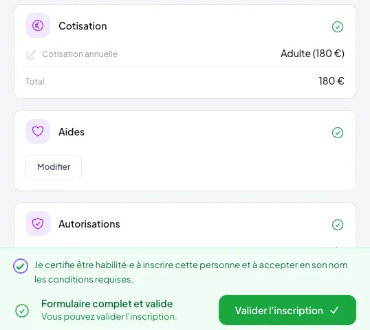 Récapitulatif d'inscription avec cotisation, aides et autorisations avant validation